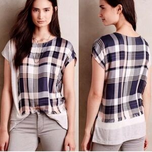 Anthropologie Postmark Hammon Navy and Cream Plaid Short Sleeve Top XL